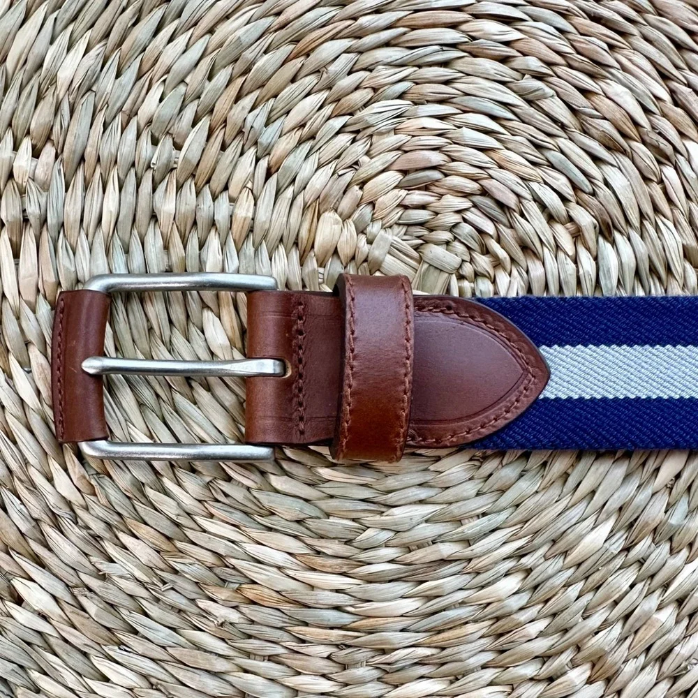 Southern Tide Mens 32 Madison Stretch Ribbon Belt Yacht Blue Striped Leather